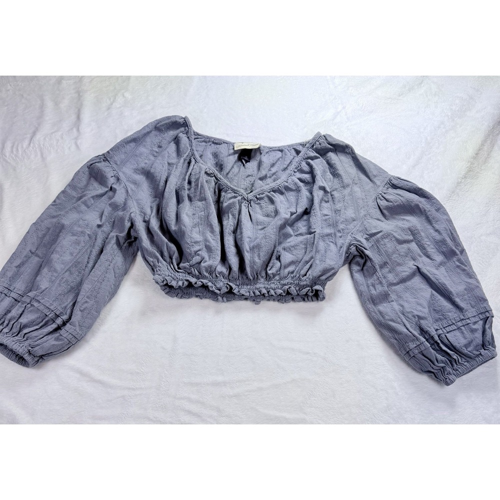 Puff Sleeve Womens‎ Top Dusty Blue Crop Top Sz M Cottagecore Peasant Milk Maid